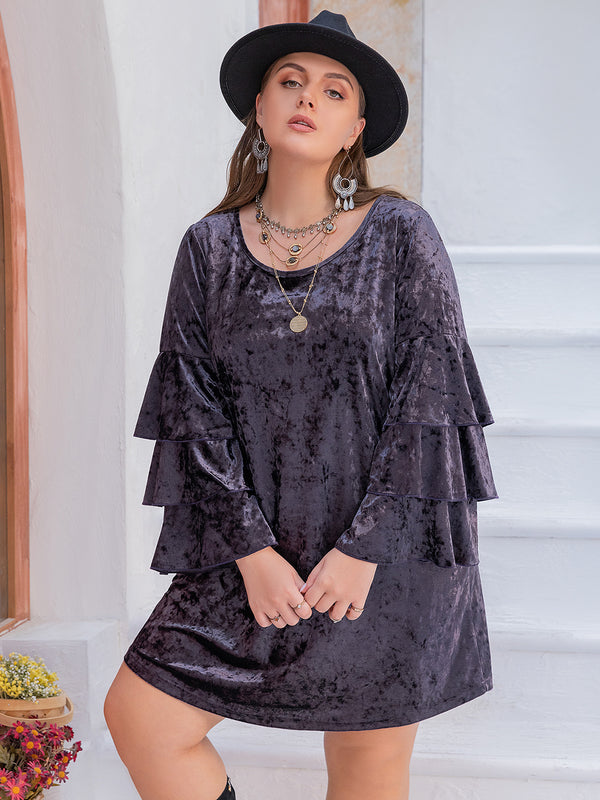 Plus Size Round Neck Flounce Sleeve Mini Dress | Trendsi