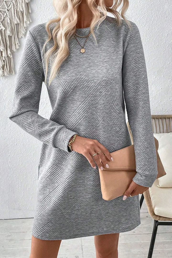 Textured Round Neck Long Sleeve Mini Dress | Trendsi