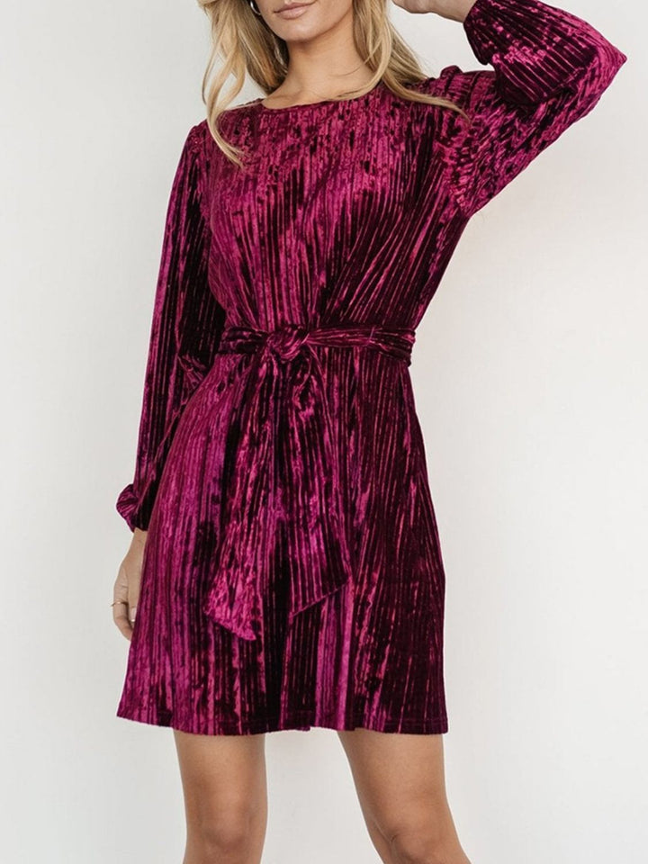 Velvet Round Neck Tie Waist Long Sleeve Mini Dress | Trendsi