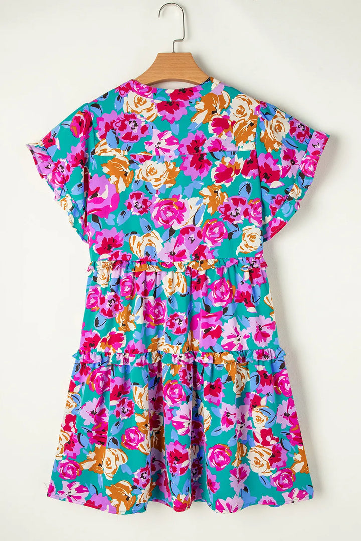 Ruffled Printed Notched Short Sleeve Mini Dress | Trendsi