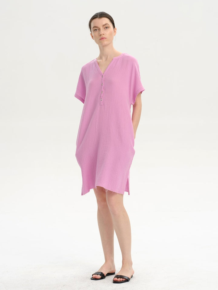 Slit Notched Short Sleeve Mini Dress | Trendsi