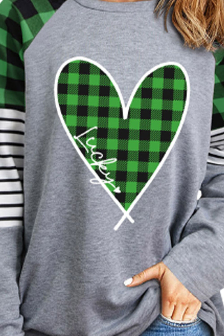 Plaid Heart Raglan Sleeve Sweatshirt | Trendsi