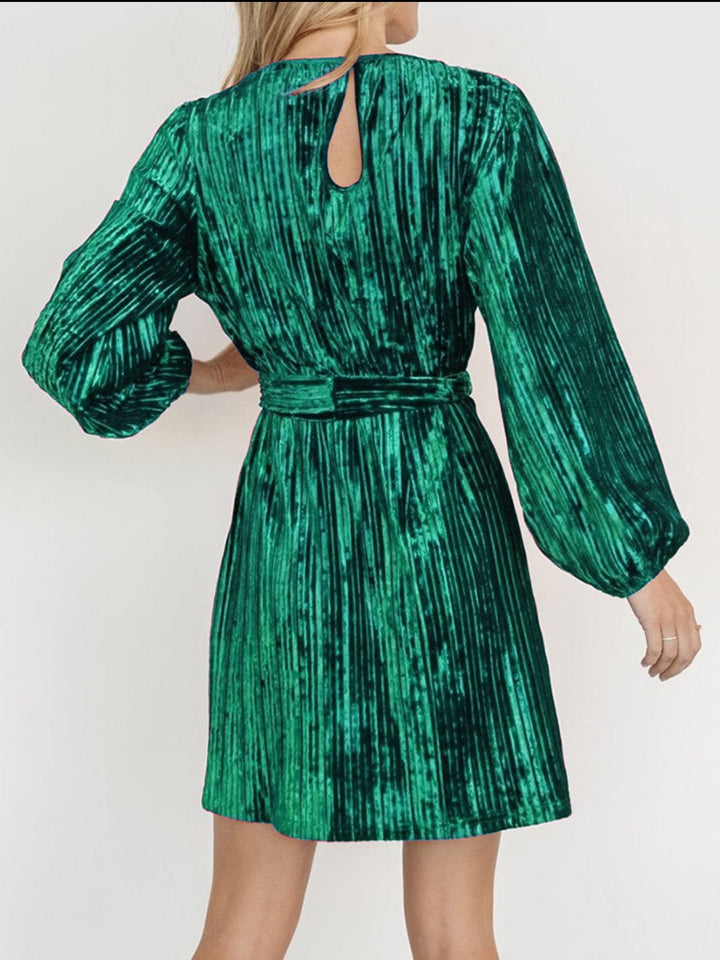 Velvet Round Neck Tie Waist Long Sleeve Mini Dress | Trendsi