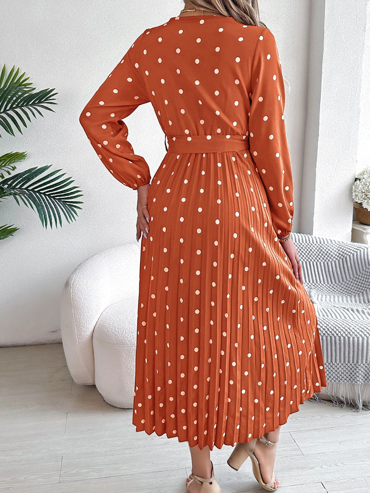 Tied Polka Dot Long Sleeve Midi Dress | Trendsi