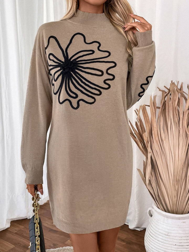 Perfee Flower Mock Neck Long Sleeve Sweater Dress | Trendsi