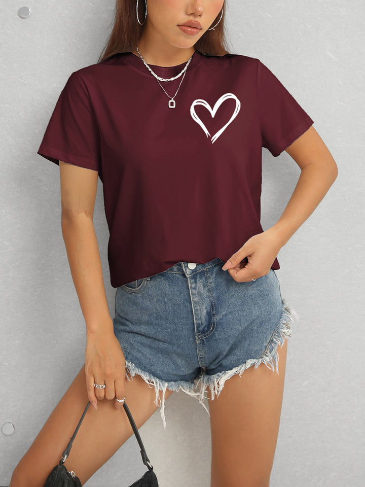 Heart Round Neck Short Sleeve T-Shirt | Trendsi