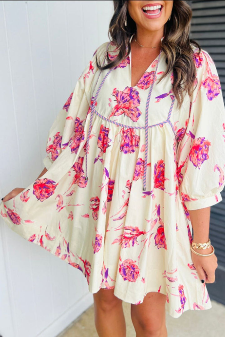 Tied Flower Printed Three-Quarter Sleeve Dress | Trendsi