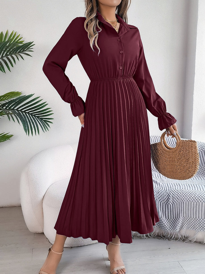 Pleated Half Button Long Sleeve Midi Dress | Trendsi