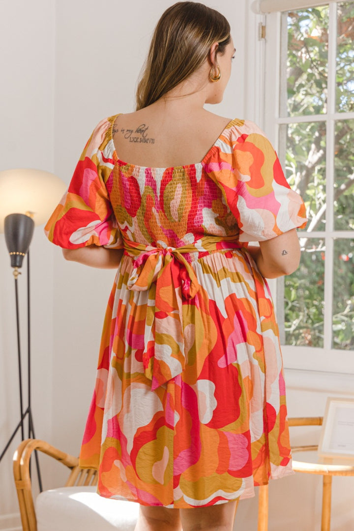 ODDI Full Size Printed Tied Back Short Sleeve Mini Dress | Trendsi