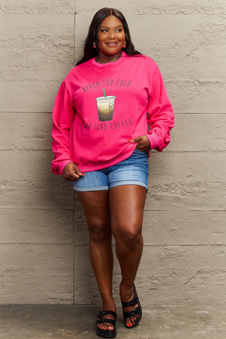 Simply Love Full Size NEVER TOO COLD FOR ICED COFFEE Round Neck Sweatshirt | Trendsi