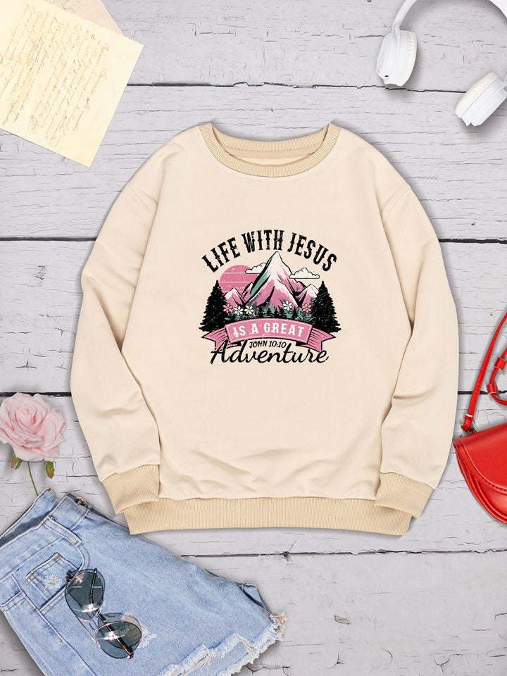 LIFE WITH JESUS IS A GREAT ADVENTURE Round Neck Sweatshirt | Trendsi