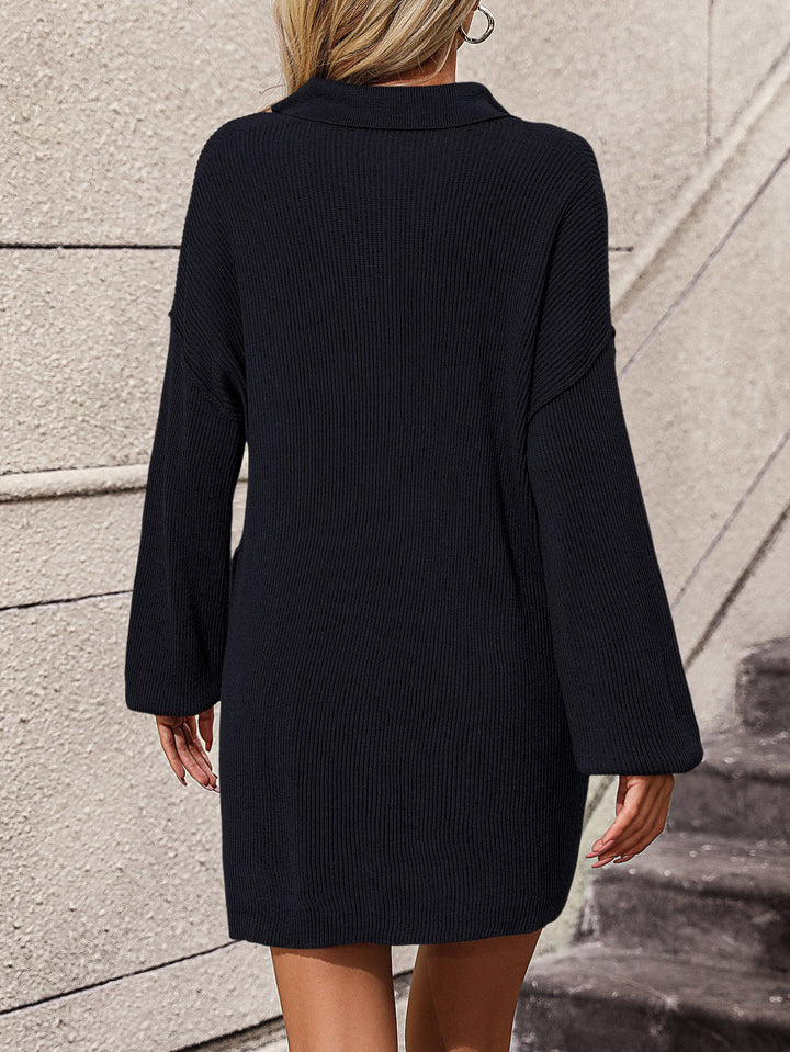 Collared Neck Long Sleeve Sweater Dress with Pockets | Trendsi