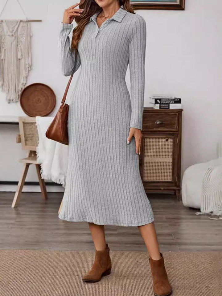 Collared Neck Long Sleeve Midi Dress | Trendsi