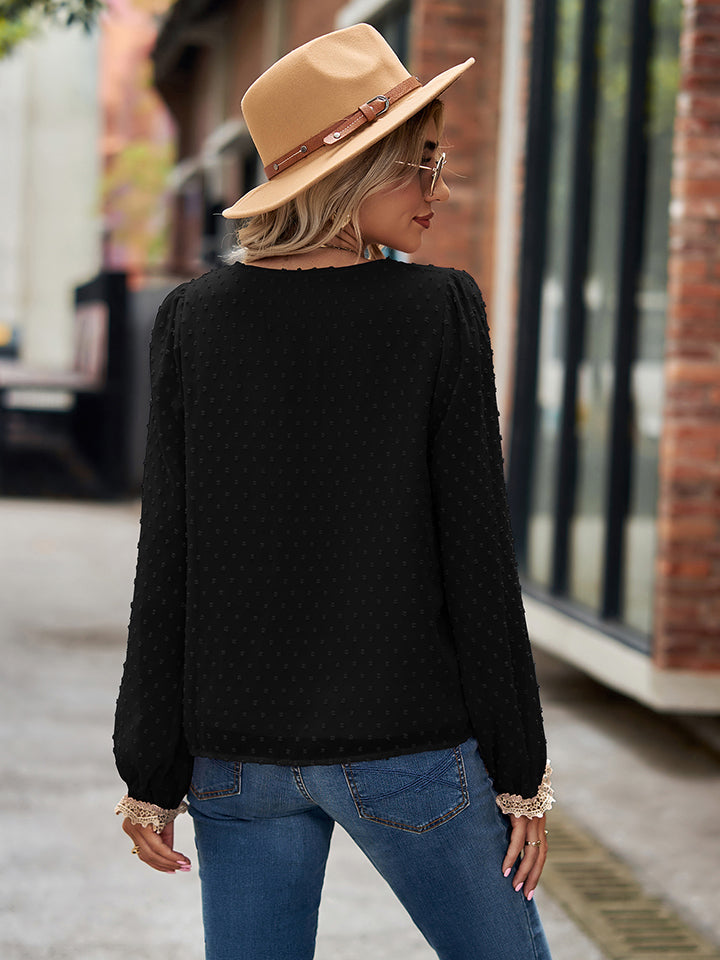 Swiss Dot V-Neck Long Sleeve Blouse | Trendsi