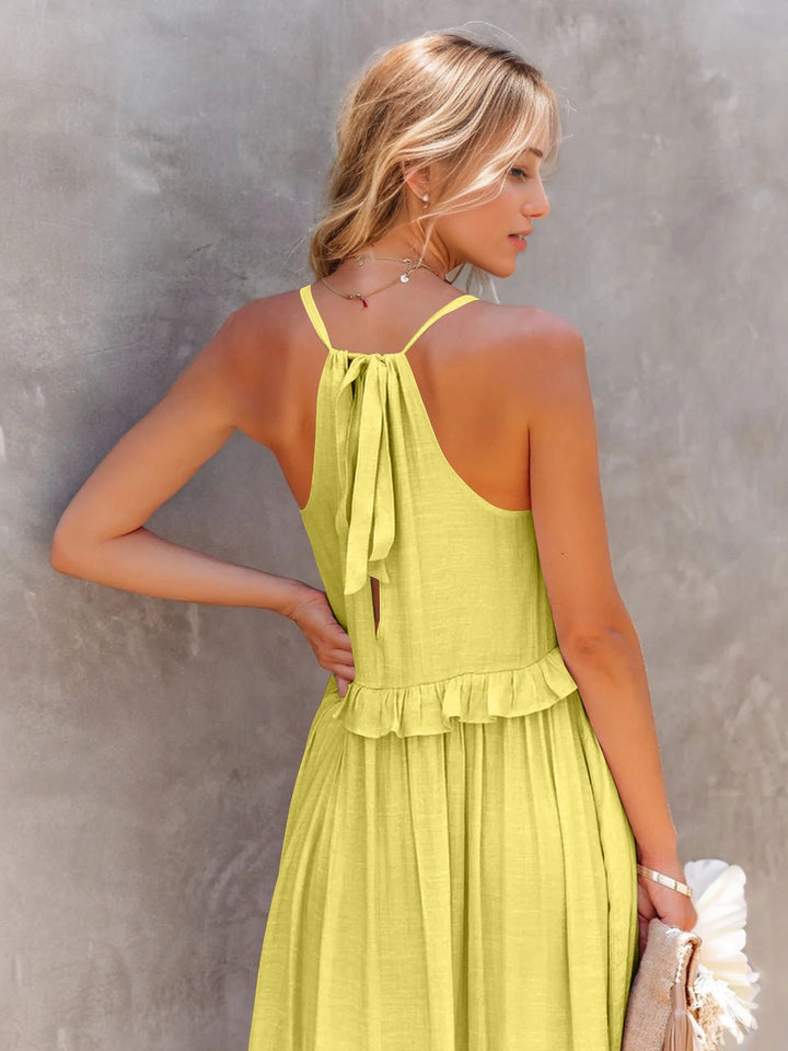 Ruffled Sleeveless Tiered Maxi Dress with Pockets | Trendsi