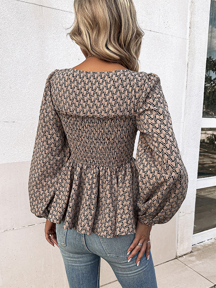 Honey Printed Square Neck Long Sleeve Blouse | Trendsi