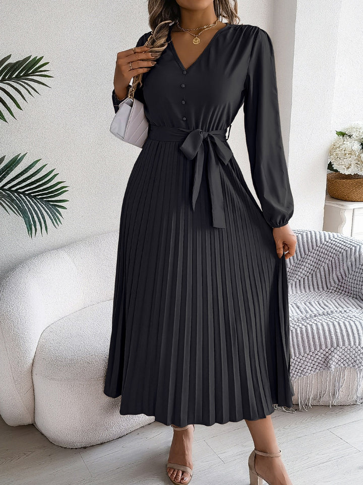 Pleated Tied V-Neck Long Sleeve Dress | Trendsi