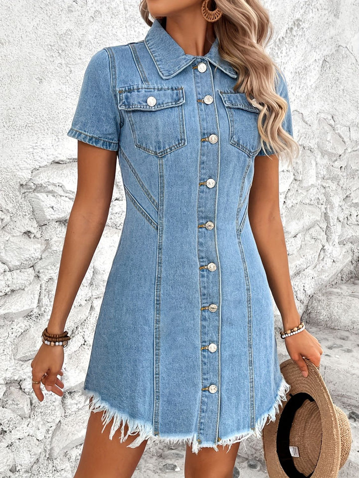 Raw Hem Button Up Short Sleeve Denim Dress | Trendsi