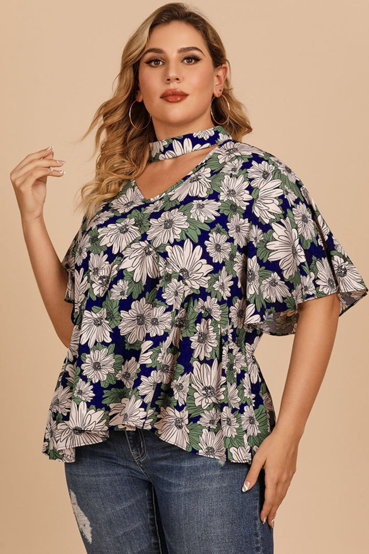 Plus Size Floral Flutter Sleeve Cutout Blouse | Trendsi