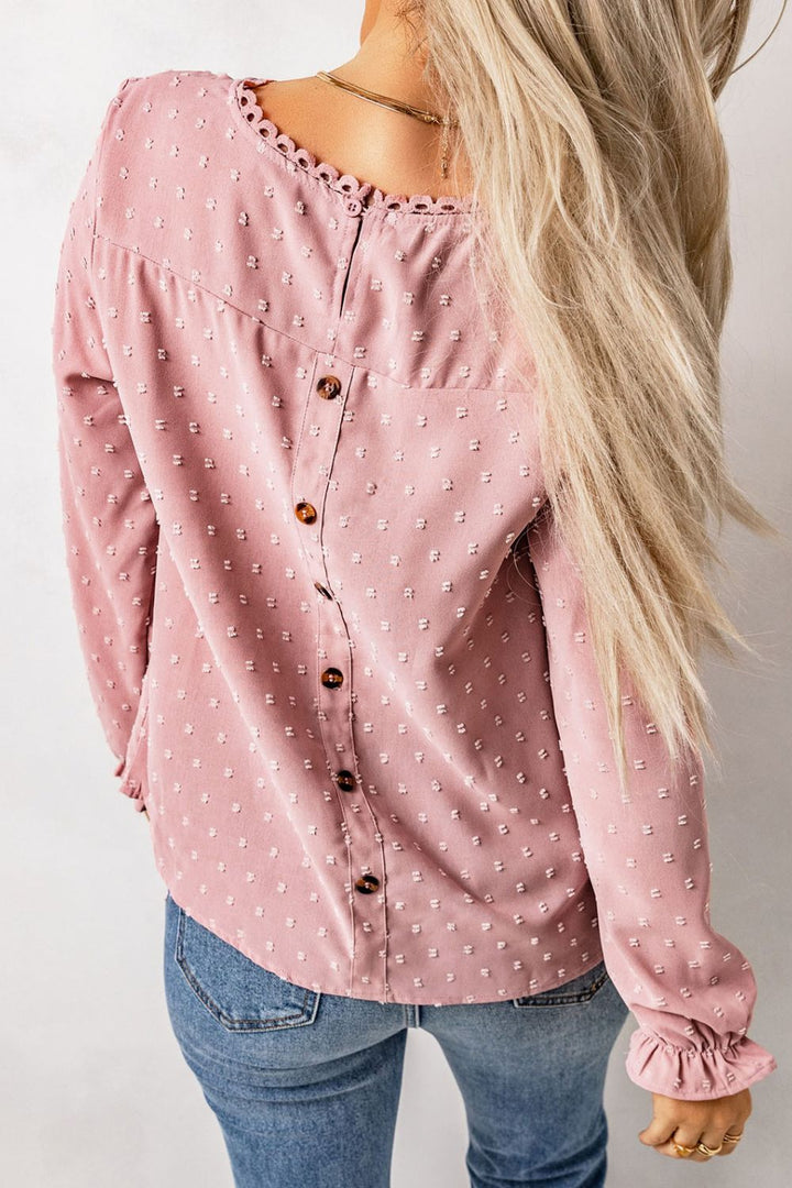 Swiss Dot Flounce Sleeve Button Detail Blouse | Trendsi