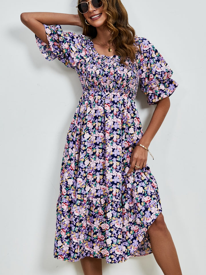 Smocked Floral Square Neck Short Sleeve Dress | Trendsi