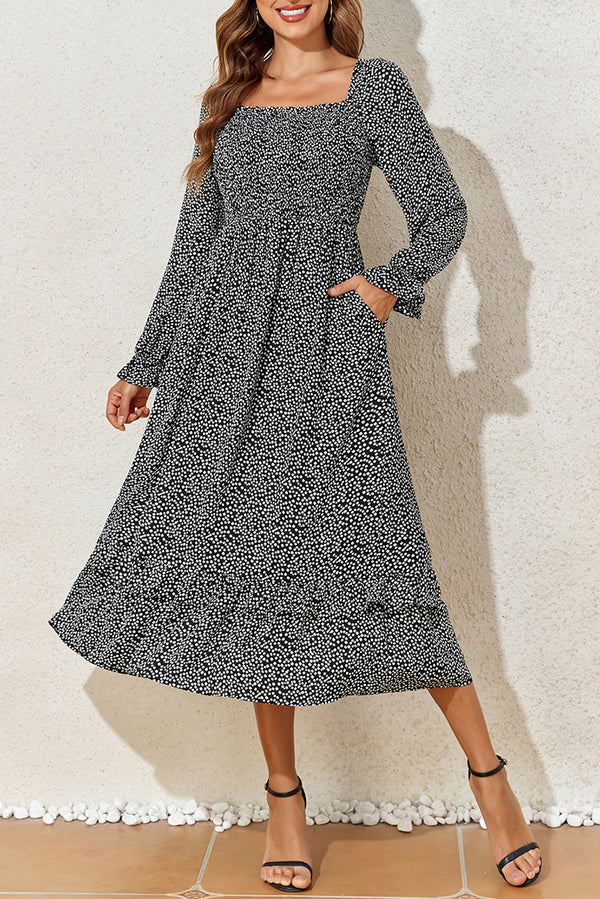 Printed Square Neck Long Sleeve Midi Dress | Trendsi