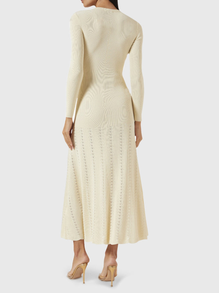 Openwork Round Neck Long Sleeve Sweater Dress | Trendsi