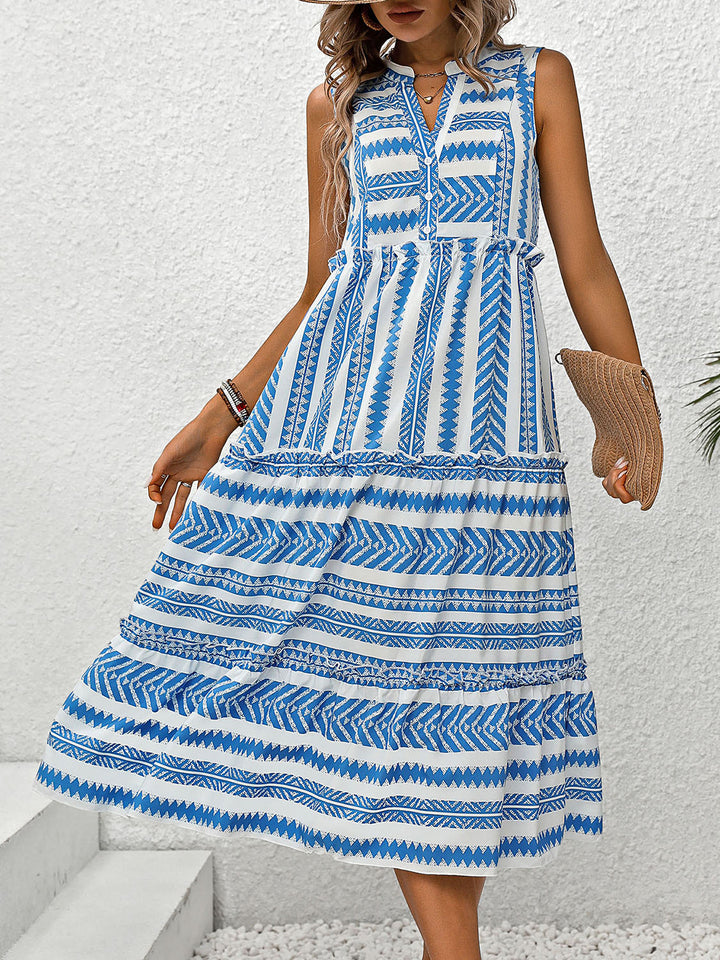 Frill Printed Notched Sleeveless Dress | Trendsi