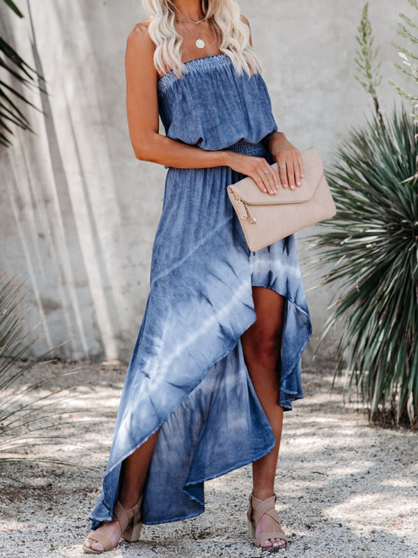 Smocked High-Low Tube Denim Dress | Trendsi