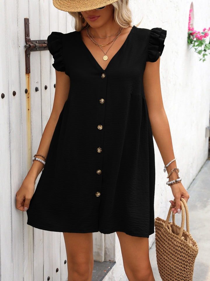 Button Up V-Neck Cap Sleeve Mini Dress | Trendsi