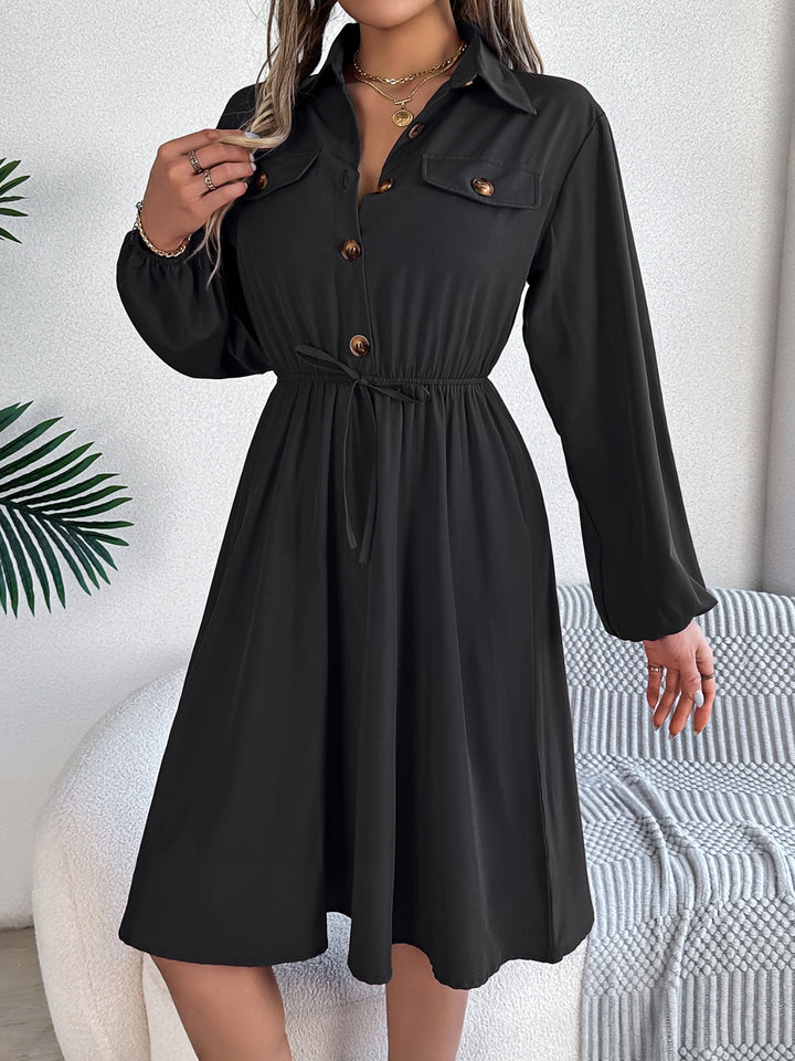 Collared Neck Long Sleeve Dress with Pockets | Trendsi