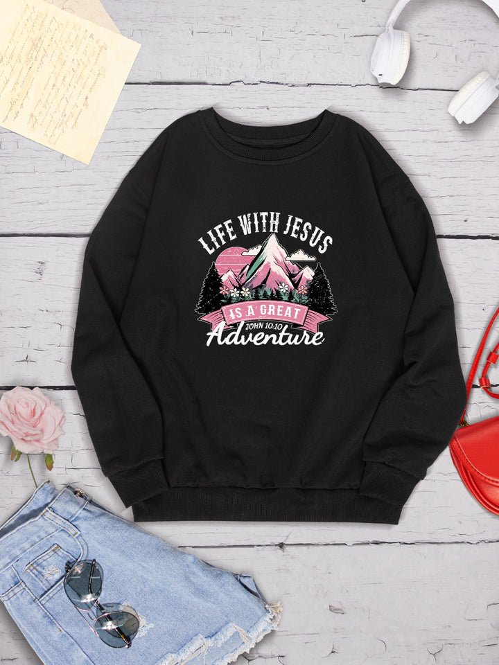 LIFE WITH JESUS IS A GREAT ADVENTURE Round Neck Sweatshirt | Trendsi