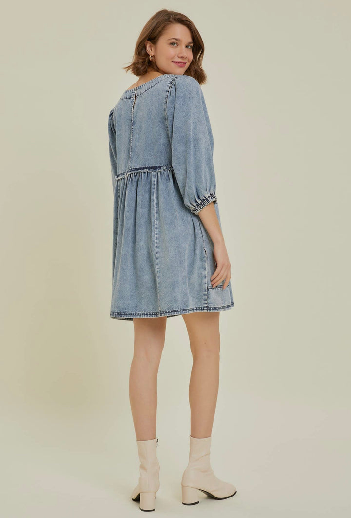 Cutout Round Neck Balloon Sleeve Denim Dress | Trendsi