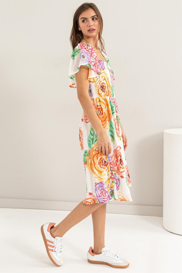 HYFVE Floral Flutter Sleeve Smocked Dress | Trendsi