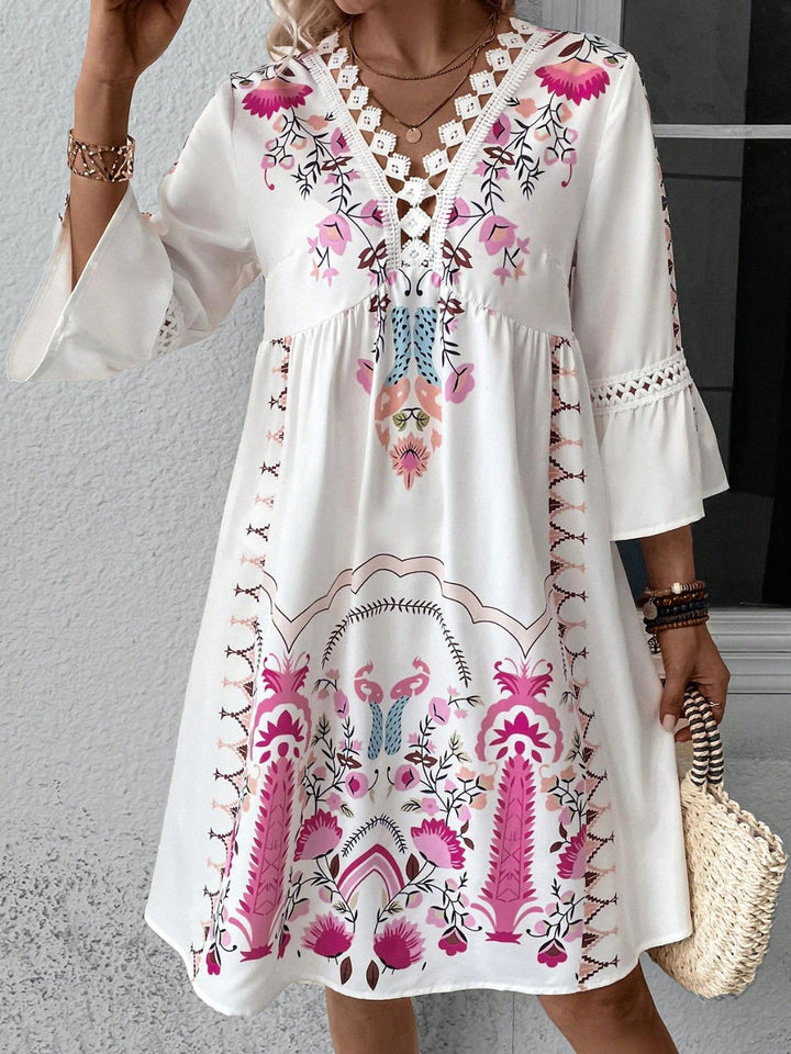 Lace Detail Printed Three-Quarter Sleeve Dress | Trendsi