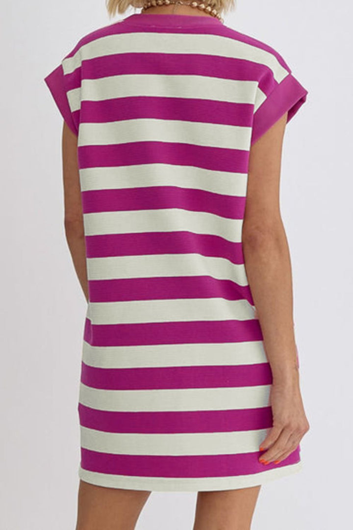 Striped Round Neck Cap Sleeve Dress | Trendsi