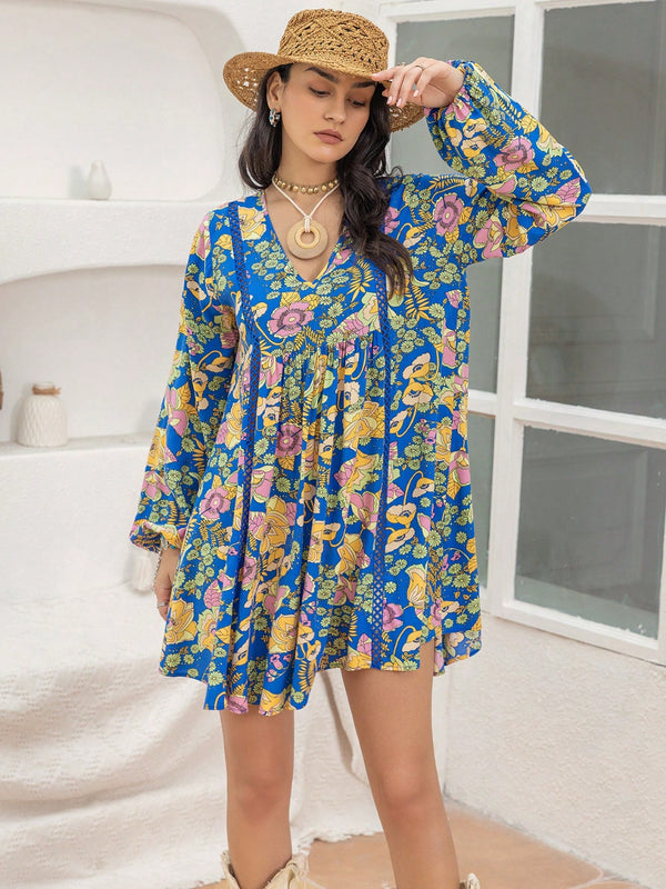 Printed V-Neck Balloon Sleeve Mini Dress | Trendsi