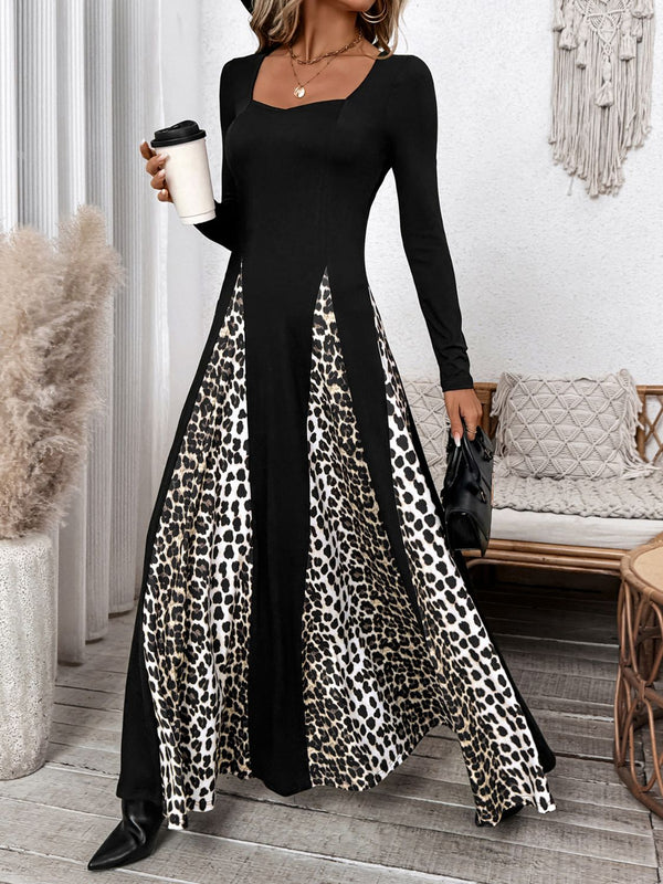 Perfee Leopard Square Neck Long Sleeve Maxi Dress | Trendsi