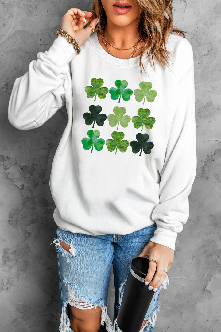 Lucky Clover Round Neck Dropped Shoulder Sweatshirt | Trendsi