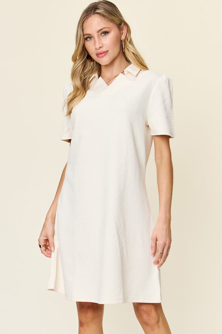 Double Take Full Size Texture Collared Neck Short Sleeve Dress | Trendsi