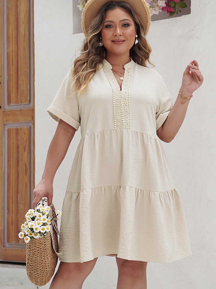 Plus Size Lace Detail Notched Short Sleeve Dress | Trendsi