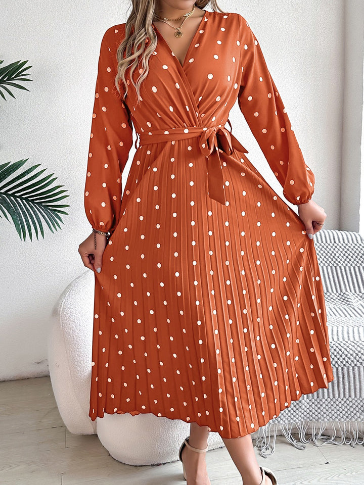 Tied Polka Dot Long Sleeve Midi Dress | Trendsi