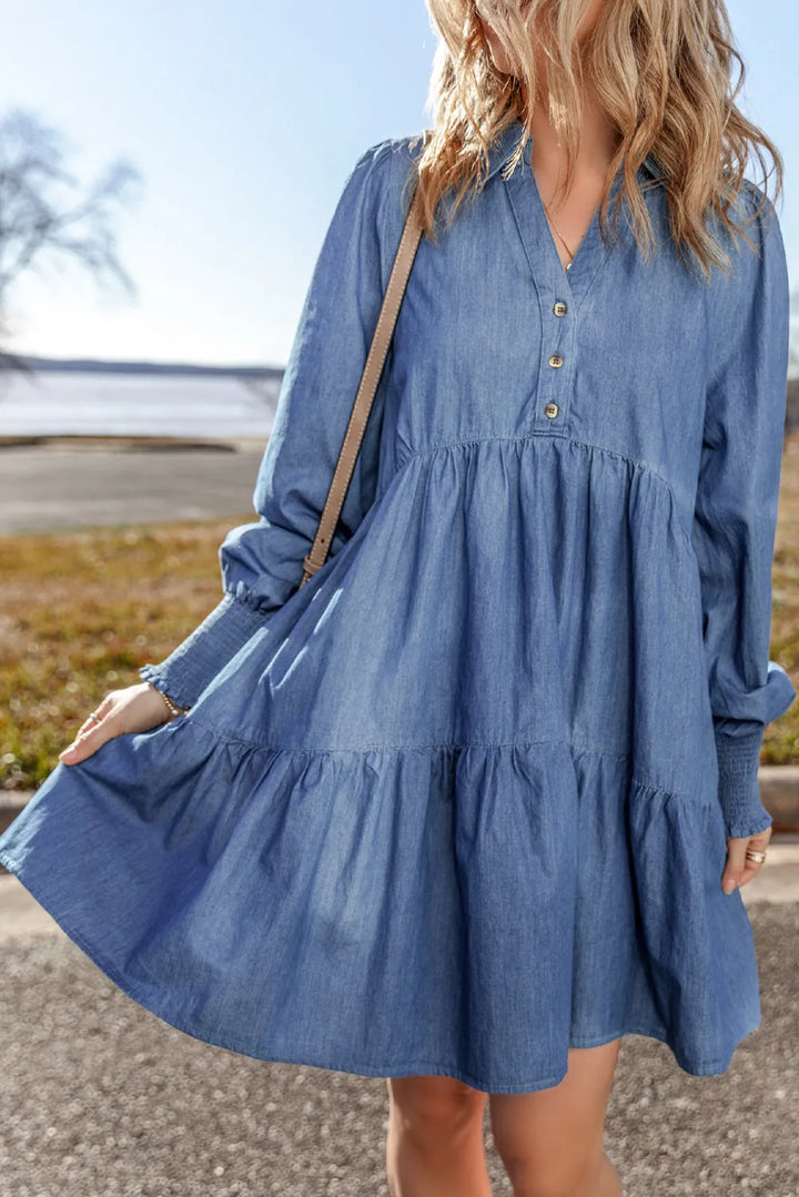 Tiered Johnny Collar Long Sleeve Denim Dress | Trendsi