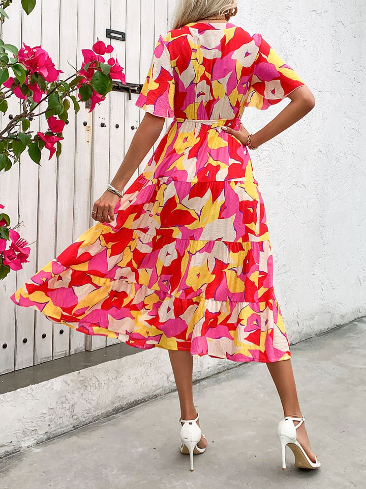 Printed V-Neck Flutter Sleeve Midi Dress | Trendsi