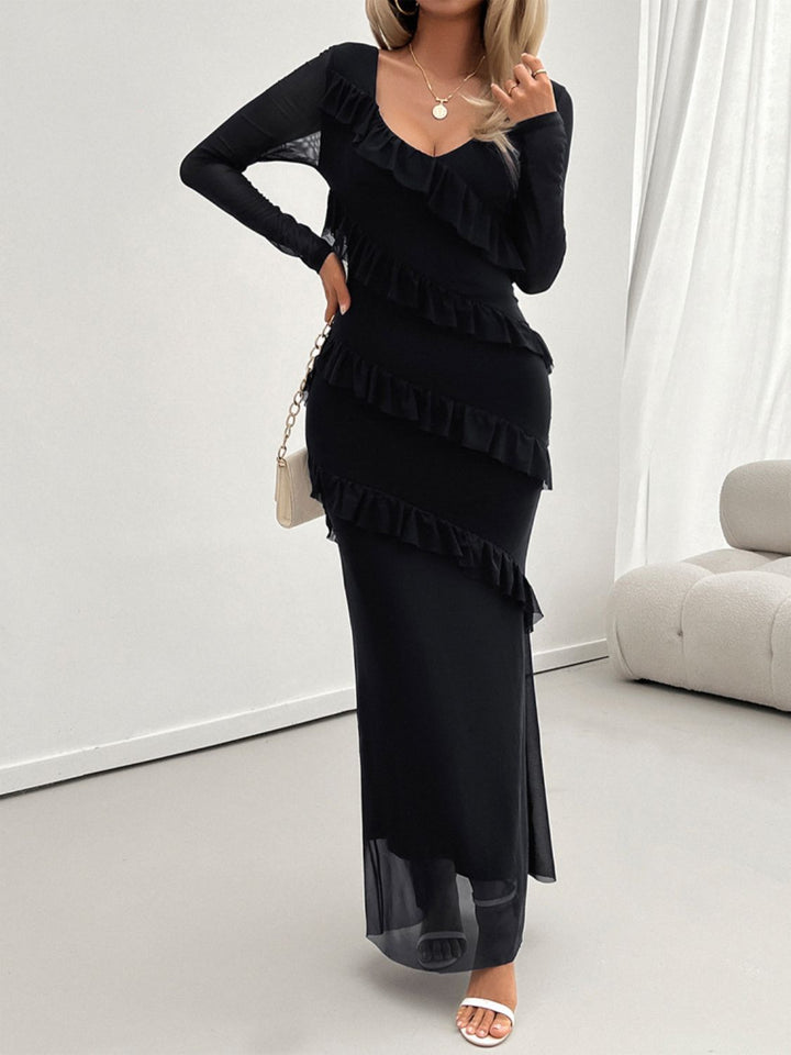 Devine Ruffled Surplice Long Sleeve Maxi Dress | Trendsi