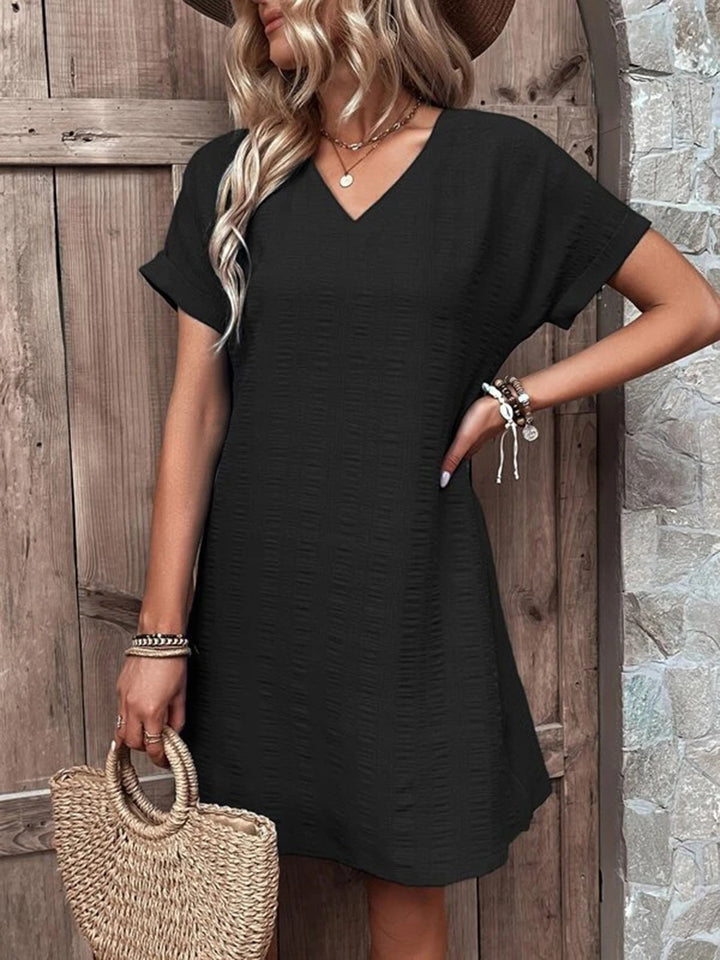 Full Size V-Neck Short Sleeve Mini Dress | Trendsi