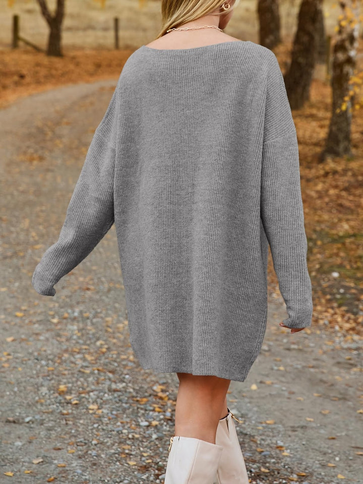 V-Neck Dropped Shoulder Sweater Dress | Trendsi