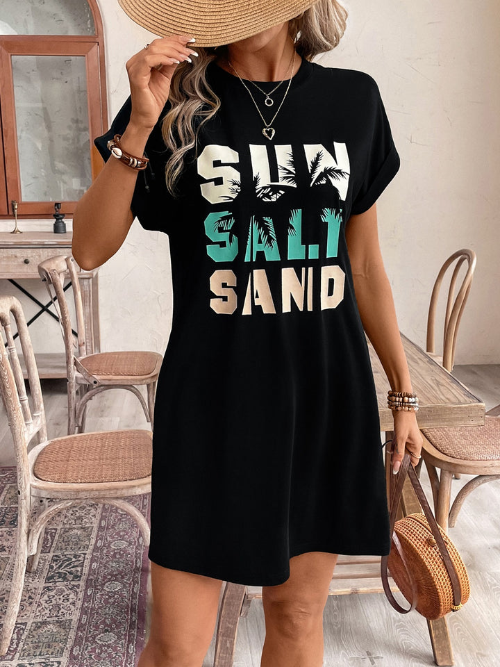 Letter Graphic Round Neck Short Sleeve Mini Tee Dress | Trendsi