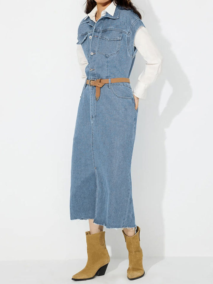 Slit Half Button Collared Neck Cap Sleeve Denim Dress | Trendsi