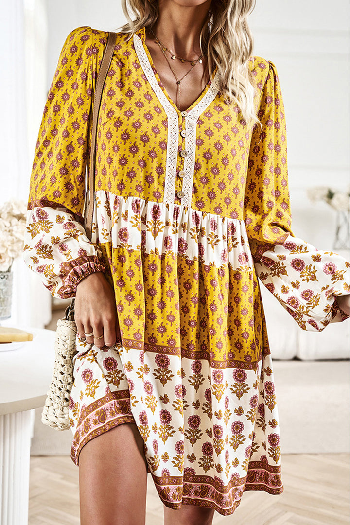 Printed V-Neck Long Sleeve Dress | Trendsi